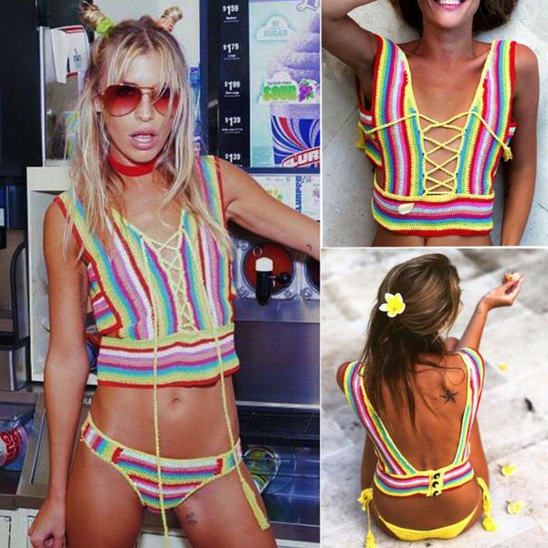 

one-piece suits women rainbow striped knitted swimsuit lady girls knitting swimwear bathing beachwear ladies bikini summer swimming