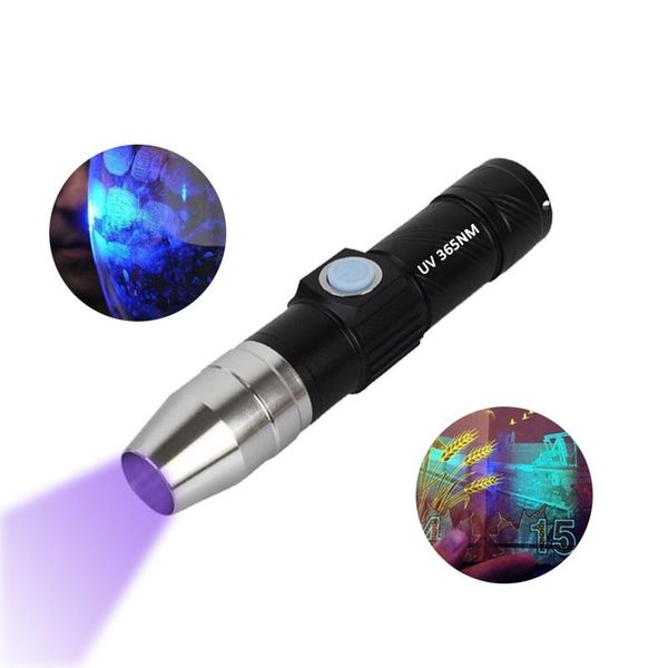 

flashlights torches usb rechargeable 365nm uv light 3w led mini pocket torch blacklight for money fingerprint detect