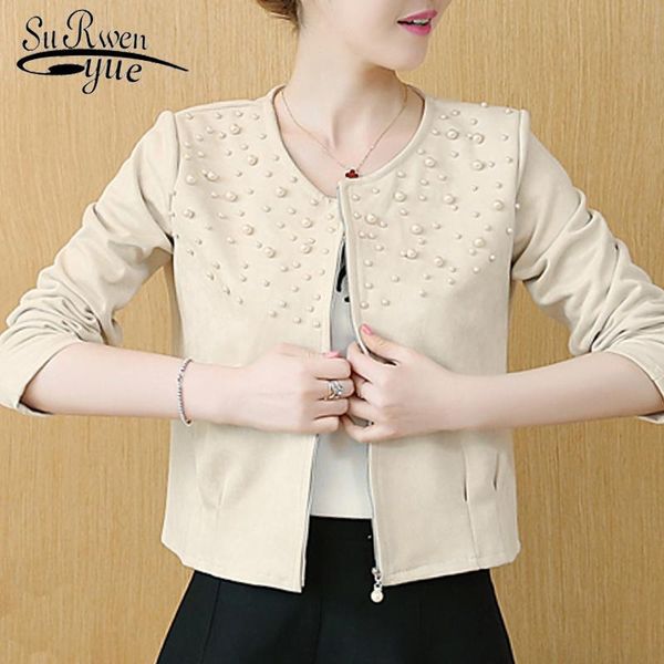 

women's jackets fashion women 2021 long sleeve solid beading zipper cardigan jacket coat small suit 0979 30, Black;brown