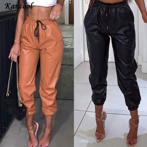 

women's leggings kancool women leather pants fashion street lady elastic waist pencil autumn drawstring sweatpants pockets cool trouser, Black
