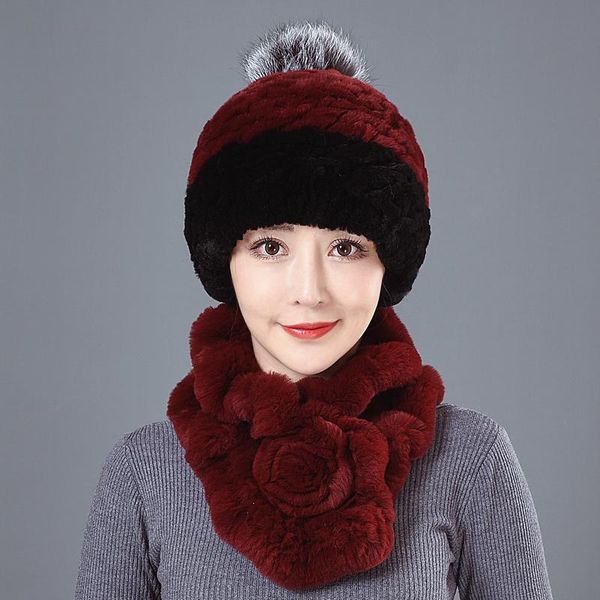 

beanies women winter luxury real rex fur hat scarf 2 pieces knitted natural cap scarves sets