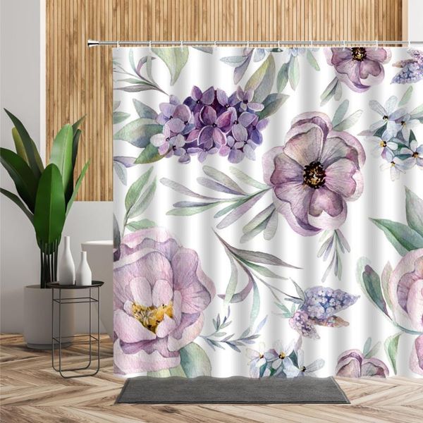 

purple oil painting flower shower curtain dahlia printed pattern bathroom screen polyester fabric waterproof bath curtains set