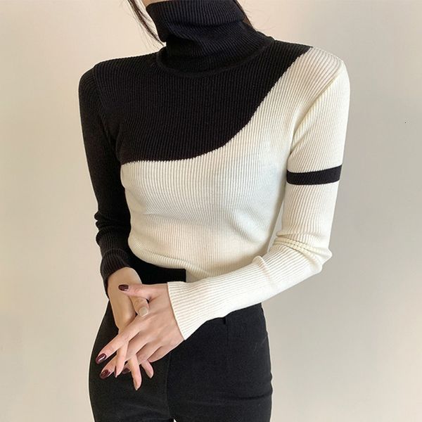 

women's sweaters thin long sleeve t-shirt from the pullover's neck high seam in contrast to black and white overdized chic korean, White;black