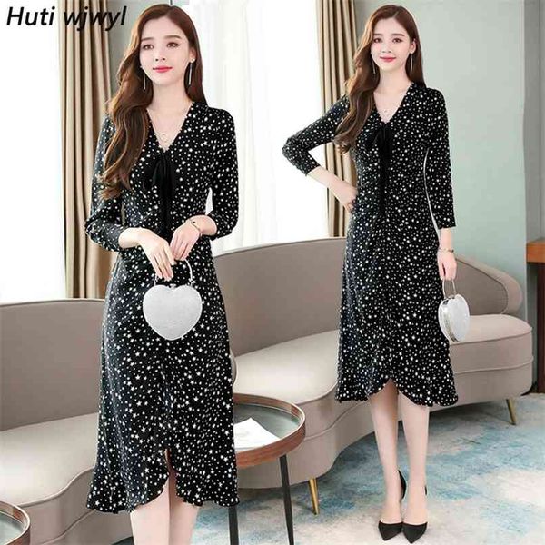 

plus size black dot chiffon midi dresses autumn winter vintage beach long sleeve dress elegant women bodycon party vestidos 210528, Black;gray