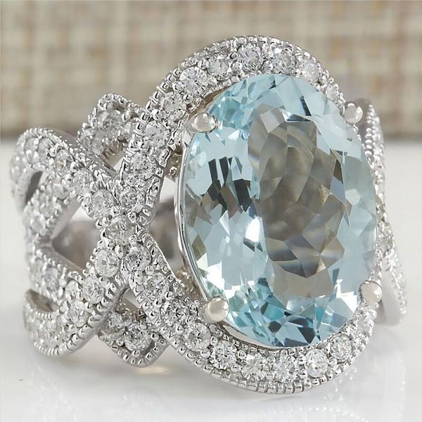 

cluster rings elegant luxurious for women jewelry wedding engagement gift elliptical light blue cubic zirconia ring, Golden;silver