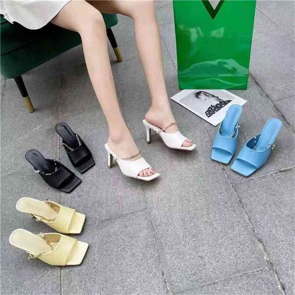 

spring high heel 7cm slipper vintage square toe sandals brand design shoes slides slip on mule zapatillas mujer 210619, Black