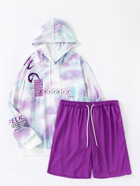 

men tie dye slogan graphic drawstring hoodie & shorts p8ma#, Gray