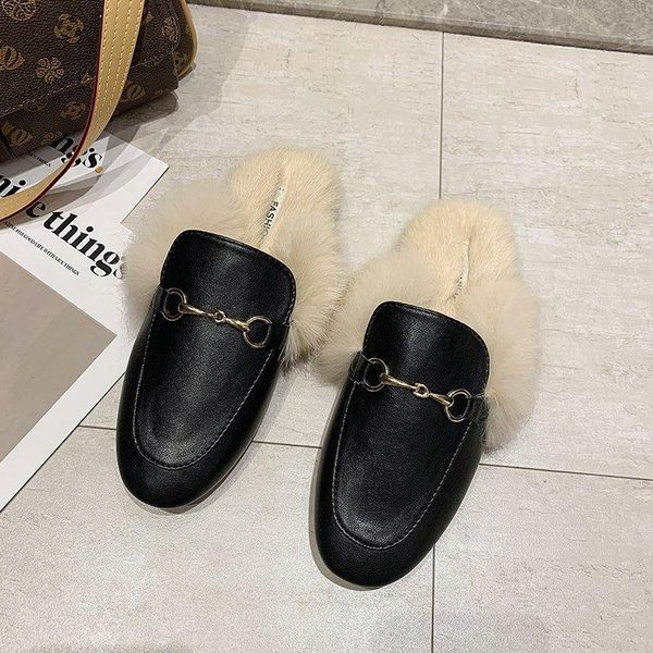

hairy slippers women's autumn and winter wear muller shoes net red lazy flat fur baotou flats, Black