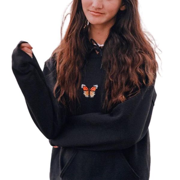 

women's hoodies & sweatshirts women long sleeve butterfly embroidery hoodie fashion loose hooded for ladies, Black
