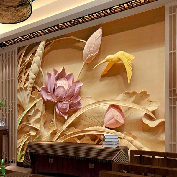 

wallpapers lotus 3d stereo deep texture wood carvings tv background wall fresco mural wallpaper for living room paper home decor