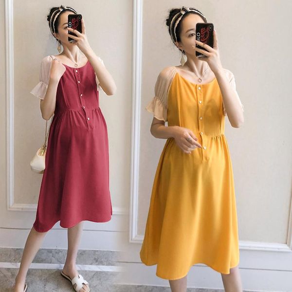 

6081# summer chic ins chiffon maternity dress a line slim loose clothes for pregnant women elegant sweet pregnancy clothing dresses, White