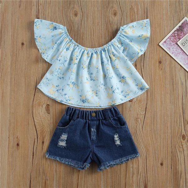 

clothing sets summer kid girl outfits baby off shoulder floral print denim shorts 2pcs clothes child set, White