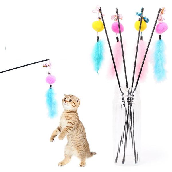 

cat interactive toy stick feather wand with small bell mouse cage toys plastic artificial colorful teaser pet supplies