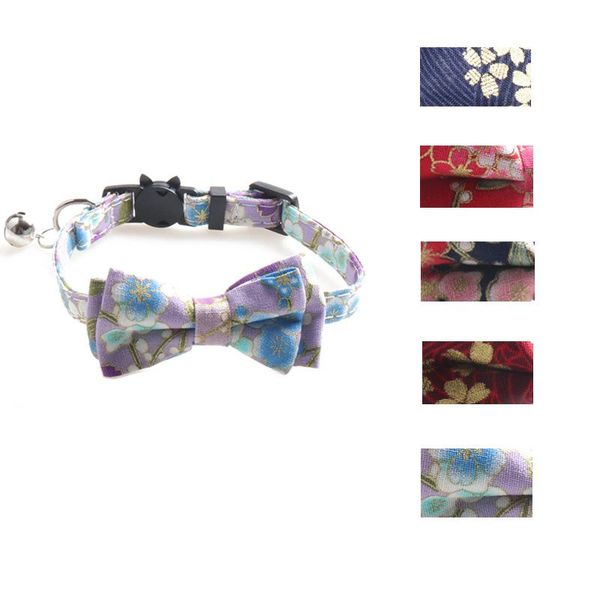 

cat collars & leads flower print bowtie decoration collar with bell adjustable pink bow tie cloth small kitten accessories