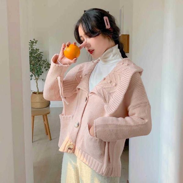 

women's sweater slim retro gentle and sweet cute lotus leaf cardigan flower collar wool autumn 210526, White;black