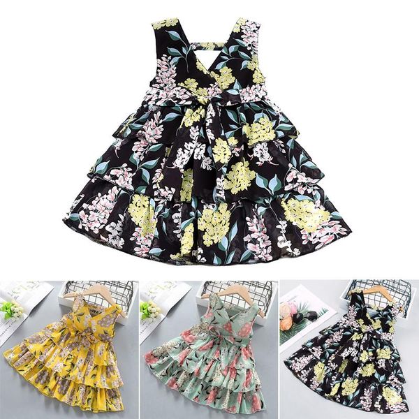 

girl's dresses summer flower bohemia girl dress fancy layered baby girls print sleeveless clothing for children infant vestido 1-6, Red;yellow