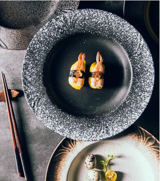 

dishes & plates wide-sided ceramic plate, round soup home serving deep dish, creative japanese retro tableware bowl 10 inch 7