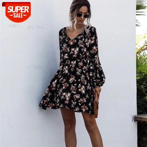 

woman floral printed flower dress puff long sleeve v-neck lace-up mini fashion casual elastic high waist clothes #lj8j, White;black