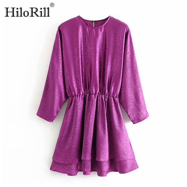 

lady solid satin dress batwing long sleeve loose mini o neck female a line hollow out sundress robe femme 210508, Black;gray