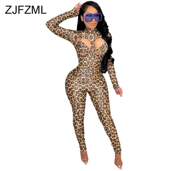 

cheetah leopard print vintage one piece overall women hollow front full sleeve skinny jumpsuit active wear party bodysuits women's jump, Black;white