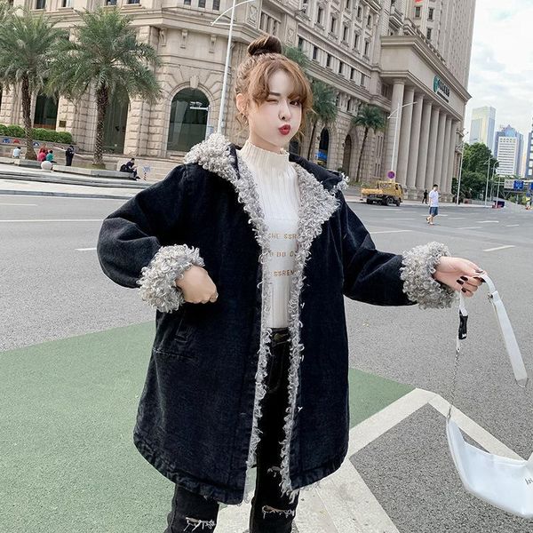 

women's fur & faux winter coat women 2021 hooded single breasted lamb warm thick fashion plush long jacket teddy, Black