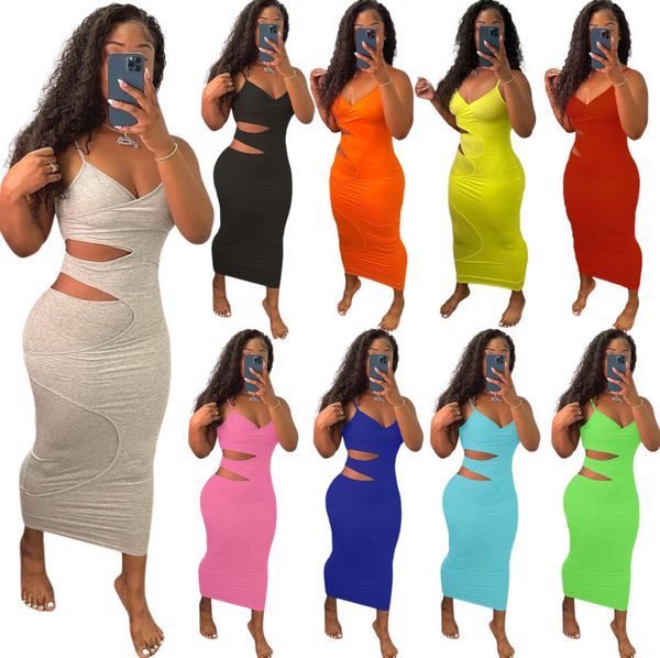 

9 colors women bodycon dresses summer fashion hollow out split layer suspender cotton dress solid color sleeveless vest club party outfits, Black;gray