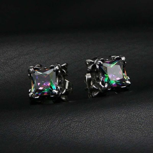 

hiphop square stud earrings rainbow cz crystal 316l stainless steel ear studs piercings cubic zircon earring fashion jewelry, Golden;silver