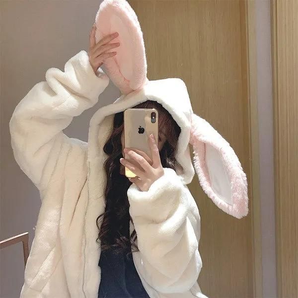 

women's jackets korea ulzzang winter cotton vintage casual harajuku cute plush ear women hooded coat y2k oversize zip up jacket, Black;brown
