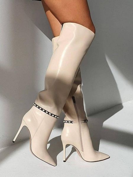 

boots stiletto high heels metal decor beige leather knee pointed toe winter women zipper dress, Black