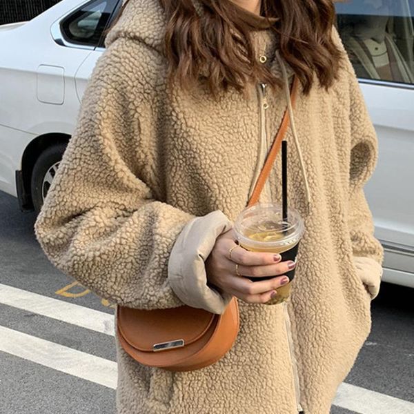 

women's jackets casual fur coat women reversible parka hooded teddy jacket drawstring thicker hoodies outwear loose chaqueta mujer 2021, Black;brown