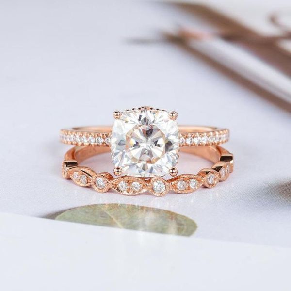 

cluster rings vantage 14k rose gold 2ct 7.5mm cushion cut moissanite bridal ring set for women wedding, Golden;silver