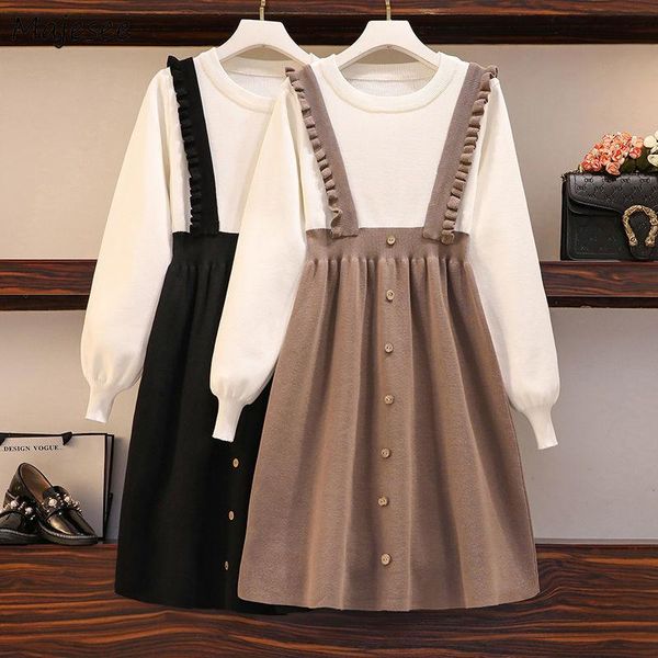 

casual dresses lantern sleeve dress knitting o-neck fake 2 piece oversize -4xl preppy all-match sweet elegant trendy cozy ins korean style, Black;gray