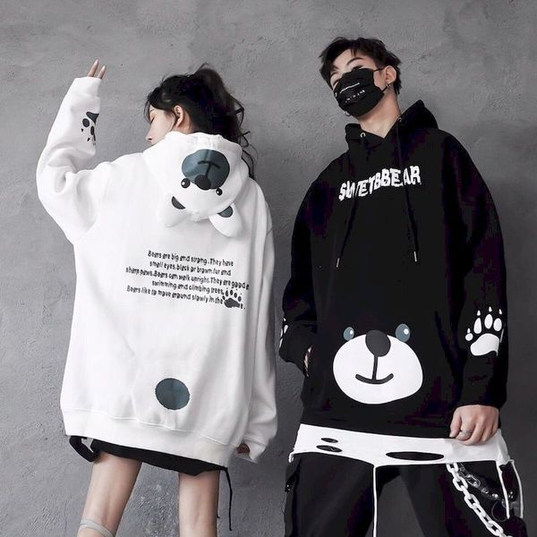 

women's hoodies & sweatshirts harajuku hooded hoodie, fluffy bear ears sweatshirt for autumn and winter, couple's clothes student, Black