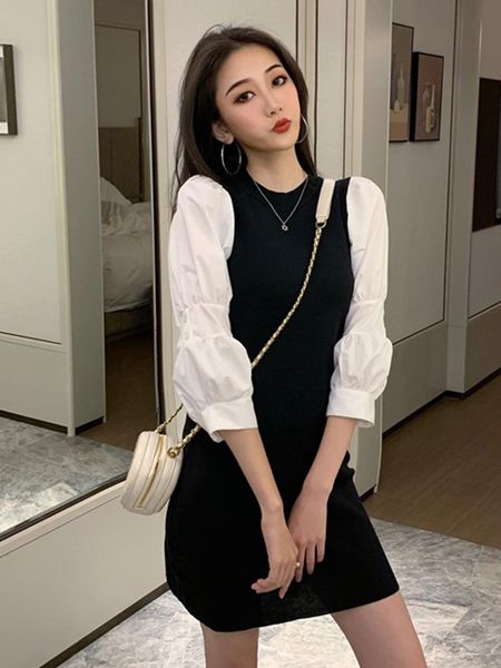 

casual dresses autumn slim retro patchwork o neck puff sleeve black knitted dress women mini bodycon robe wild fashion elegant, Black;gray