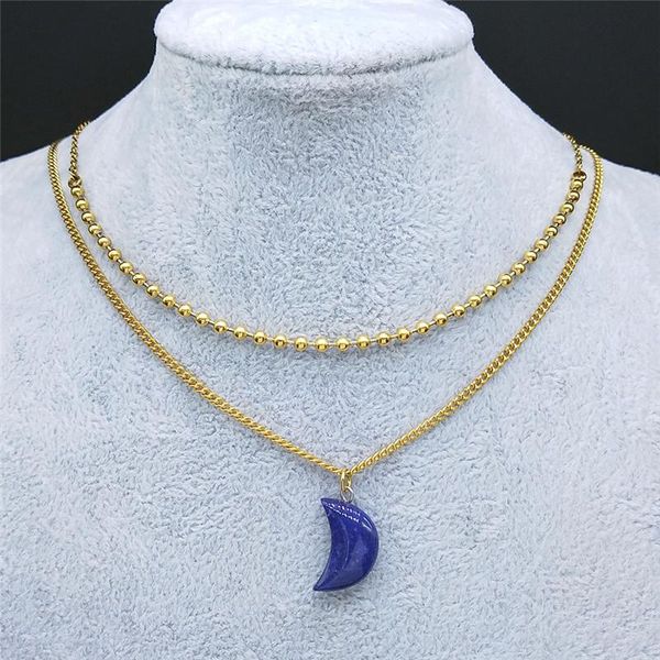 

pendant necklaces 2pcs moon lapis lazuli stainless steel bead layered necklace women gold color chain jewelry collier lune nd25s04, Silver