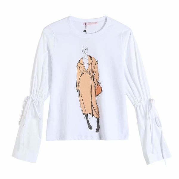 

spring women girl print o-neck long sleeve t-shirt chic lady fashion casual clothes 210517, White