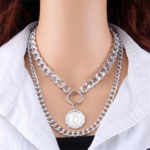 

pendant necklaces exaggerated punk multilayer chunky chain necklace collar statement european&america fashion queen coin, Silver
