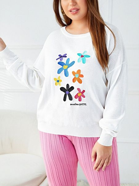 

plus floral & letter embroidery drop shoulder sweater e8c3#, Black