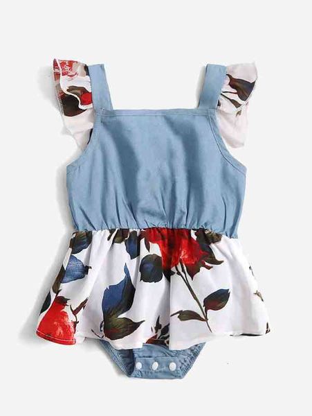 

baby floral print ruffle trim combo bodysuit dress she, Red;yellow