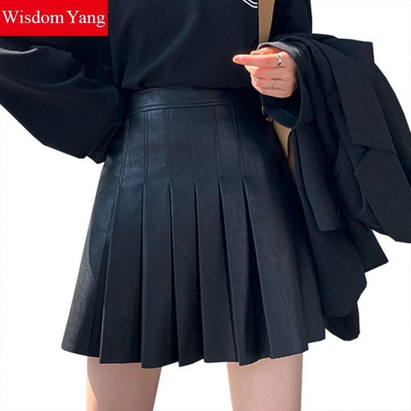 

autumn winter real sheep skin genuine leather skirts womens high waist black skirt wrap party moto bike mini pleated clothe