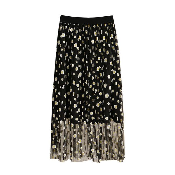 

skirts women summer skirt lady bottoms female daisy floral mesh pleated fairy loose fashion plus size falda s53 5303, Black