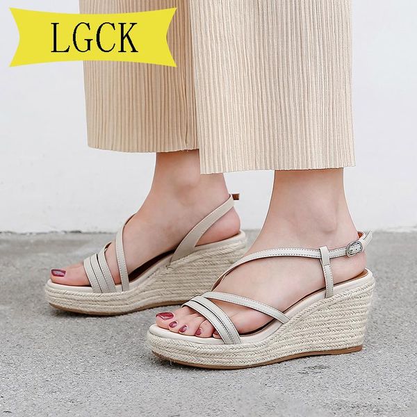 

dress shoes plus size 34-39 summer elegant buckle women's sandals wedges fashion genuine leather casual thick retro women, Black