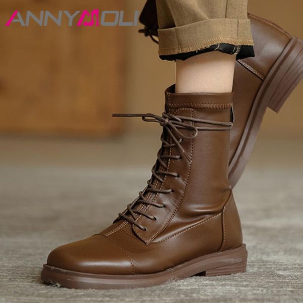 

boots annymoli natural genuine leather shoes women motorcycle thick low heel ankle round toe lace up winter big size 33-43, Black