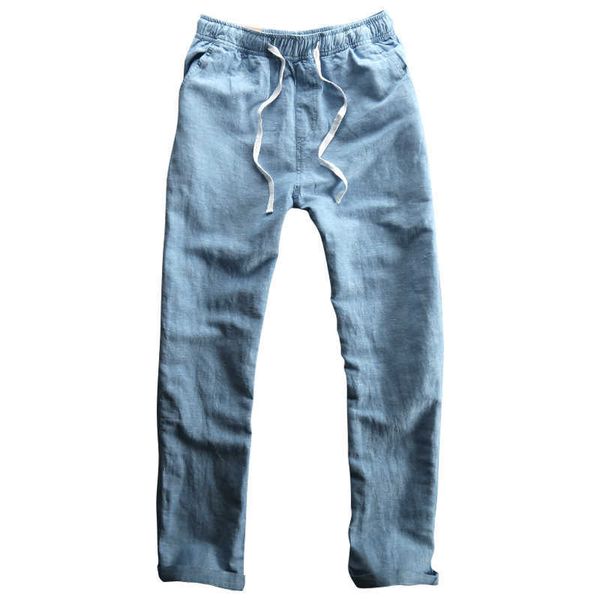 

summer casual pants for men cotton linen trousers solid white elastic waist straight pants japanese fashion male clothing 210601, Black