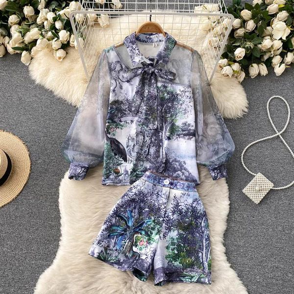 

women's tracksuits autumn vintage ol two piece shorts set female's bow shirt collar long lantern sleeve + floral print mini suit s, Gray