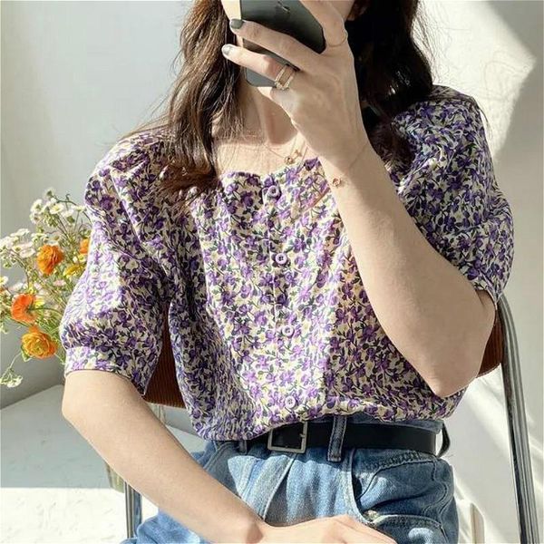 

women's blouses & shirts blouse women puff sleeve retro floral single breasted womens and, White