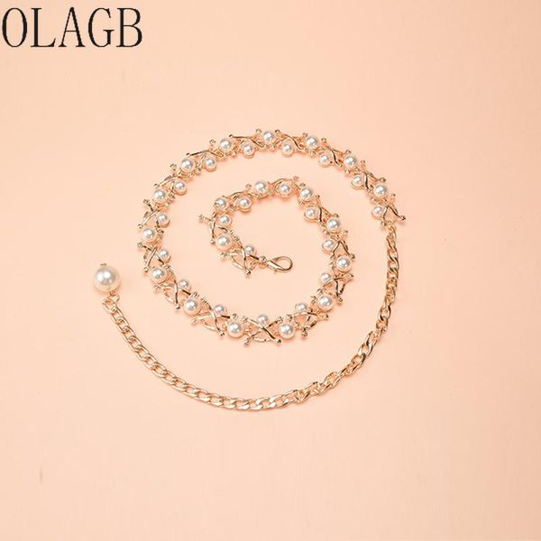 

belts fashion elegant women imitation pearl alloy chain gold clothing accessories 211, Black;brown