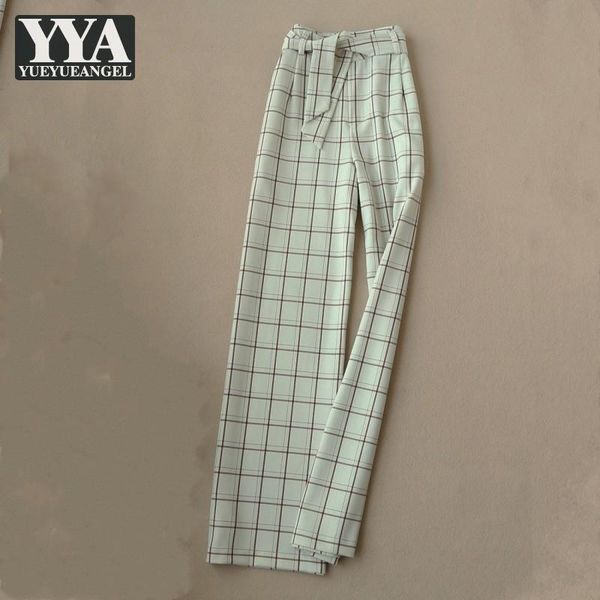 

women's pants & capris women casual straight trousers high waist plaid suit fashion spring autumn sashes button office ladies wide leg, Black;white