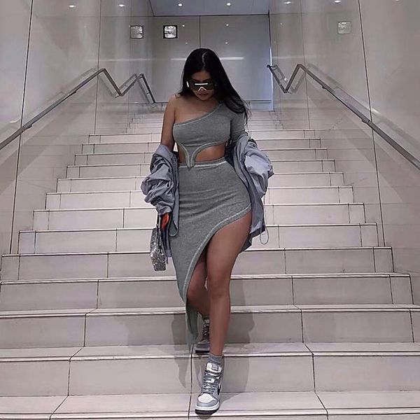 

women's tracksuits autumn women asymmetry casual ribbed matching set one shoulder long sleeve crop midi skirt two piece outfits fashion, Gray