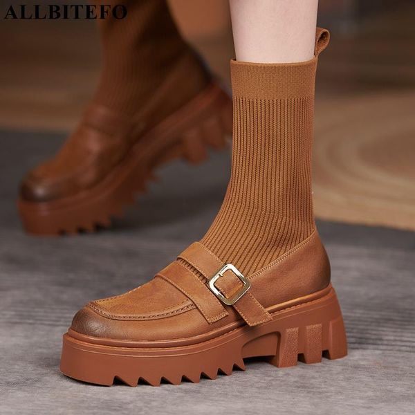 

boots allbitefo autumn round toe comfortable genuine leather women waterproof shoes street fashion girls ankle, Black